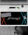 32x16 inches mouse pad with Darling in the Franxx logo, blending red and blue XX patterns on a deep black backdrop for a sleek, contemporary aesthetic.