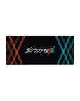 Mouse pad featuring Darling in the Franxx logo, 28x12 inches, with bold red and blue XX patterns on a black backdrop for a stylish, modern desk piece.