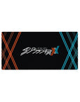 Mouse pad featuring Darling in the Franxx logo, 32x16 inches, with bold red and blue XX patterns on a black background for a minimalist, modern look.