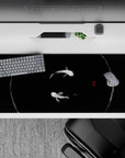 Striking 36x16 desk pad highlights graceful koi against a deep black backdrop with intricate brushstroke details