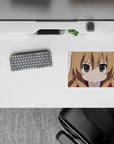 Cute pink 14x10 inches anime girl mouse pad, clean lines, warm browns, bright playful symbols.