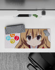 28x12 inches anime girl mouse pad in soft pink with bright candy symbols, warm browns, cute cozy vibe.