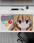 32x16 inches anime desk mat in soft pink with warm browns, bright symbols, and a cute cozy vibe.