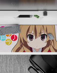 36x16 inches desk pad in pastel pink with warm brown hair tones, bright circles, and a cute cozy vibe.