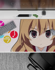 40x20 inches anime desk pad in soft pink tones, warm brown hair accents, bright candy dots, cute vibe.