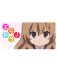 32x16 inches anime girl mouse pad with Taiga Aisaka on soft pink background and candy circle icons.