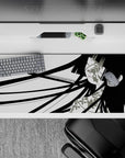 Monochrome anime girl mouse pad with soft blush and floral accents, calm modern vibe, 36x16 inches.