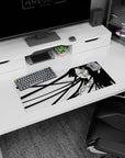 Anime girl portrait mouse pad with flowing ink-black hair and subtle floral pattern, 28x12 inches.