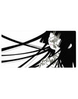 Minimalist anime girl desk mouse pad, black and white line art, 32x16 inches.