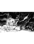 Desk pad featuring Guts confronting the Beast of Darkness, 40x20 inches, capturing a black-and-white scene of inner turmoil and contemplation.