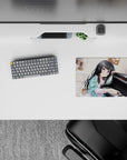 Pastel cozy anime girl mouse pad 14x10 inches in warm cream light with sparkly bokeh and dreamy vibe.