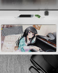 32x16 inches pastel cozy desk mat in cream glow with dreamy sparkles, lace curtains, and soft anime art.