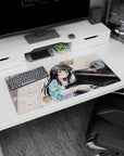 32x16 inches anime mouse pad showing long black-haired girl leaning on grand piano in a warm tea room scene.