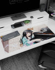 36x16 inches desk pad showing long black-haired anime girl leaning on a grand piano in a secret tea-time room.