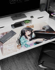 40x20 inches anime desk pad showing long black-haired girl leaning on glossy grand piano in warm room.