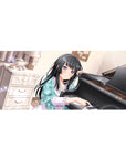 36x16 inches anime girl desk pad with shy purple-eyed pianist by a glossy grand piano, tea set and lace curtains.