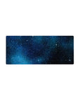 Midnight starry sky desk mouse pad 28x12 inches with nebula mist and sparkling starbursts.