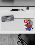 32x12 inches desk mouse pad with warm chestnut hair, bold red and navy outfit, cute spicy cozy vibe.