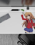 Cozy, spicy anime desk pad 40x20 inches in warm chestnut, crisp red, and navy tones with big-eyed art.