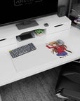 Anime girl mouse pad 28x12 inches showing Taiga Aisaka mid-swing, big eyes and confident smirk.