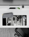 28x12 inches black-and-white manga mouse pad with moody gritty cozy late-night slice-of-life vibe.