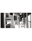 32x16 inches anime girl mouse pad with manga line art of a shy girl in an apartment hallway scene.