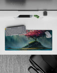 28x12 inches mouse pad with a tranquil island and cherry blossom tree, showcasing soft petals and sunlight for a peaceful atmosphere.
