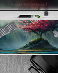 40x20 inches desk pad with a lone cherry blossom tree on a tranquil island, capturing the calming beauty of floating petals and sunlight.