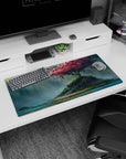 Modern 32x16 inches mouse pad featuring a serene island, showcasing a lone cherry blossom tree with floating petals and sunlight for a tranquil workspace.