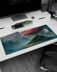 Artistic 36x16 inches desk pad featuring a lone cherry blossom tree on a tranquil island, blending soft petals and sunlight for a peaceful atmosphere.