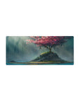 Mouse pad featuring a serene island with a cherry blossom tree, 28x12 inches, capturing the meditative beauty of floating petals and sunlight.