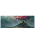 Compact 32x12 inches mouse pad with a serene island and cherry blossom tree, capturing the calming beauty of petals floating in the sunlight.