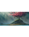 Desk pad featuring a tranquil island and cherry blossom tree, 36x16 inches, with soft petals floating in the breeze and sunlight illuminating the scene.