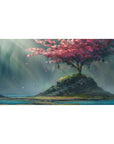 Desk pad featuring a serene island with a cherry blossom tree, 40x20 inches, with soft petals floating in the breeze, illuminated by sunlight.