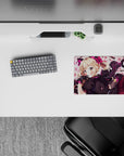 Cute bold 14x10 inches anime mouse pad in creamy white and rose pink, hot pink accents, petals.