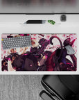 32x16 inches kawaii desk mouse pad in creamy white and rose pink, hot pink accents, mischievous vibe.