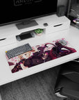 32x12 inches mouse pad showing a sly blonde anime catgirl in ribbons and bell, petals drifting, sci‑fi blaster.