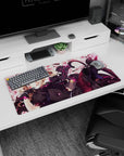 32x16 inches extended mouse pad showing sly blonde catgirl with glossy pink eyes in blossoms, sci-fi gun.
