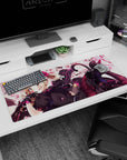 Catgirl anime mouse pad 36x16 inches, blonde curls, sly smile, sci‑fi blaster amid falling petals.