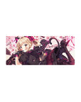 28x12 inches anime girl mouse pad with blonde catgirl in black lace, bell collar, cherry blossom backdrop.