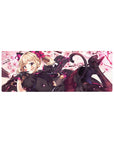 32x12 inches anime girl mouse pad with blonde curls, pink eyes, black lace dress, cherry blossoms, blaster.
