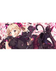Anime girl desk pad 36x16 inches with catgirl in black lace, ribbons, bell, cherry blossom backdrop.