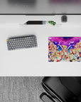 Neon pink and candy blue anime girl mouse pad 14x10 inches with rainbow arcs and bright idol vibes.