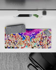Neon pink, candy blue, rainbow arc anime girl mouse pad 28x12 inches with sparkly upbeat idol vibe.