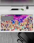 Neon pink and candy blue rainbow anime girl mouse pad with feather accents, 32x16 inches.
