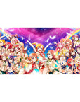 Love Live μ's group anime girl desk pad with sparkly outfits, feathers, and rainbow arcs, 40x20 inches.
