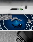 Striking 36x16 desk pad highlights intricate koi details and calming blue tones for a sense of balance and flow