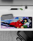 32x12 inches anime mouse pad in pastel sky blues and pink sakura petals, soft romantic desk aesthetic.