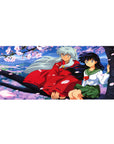 36x16 inches anime desk pad with Inuyasha and Kagome under cherry blossoms above a pastel valley.