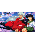 40x20 inches anime desk pad with Inuyasha and Kagome under cherry blossoms over a pastel valley.